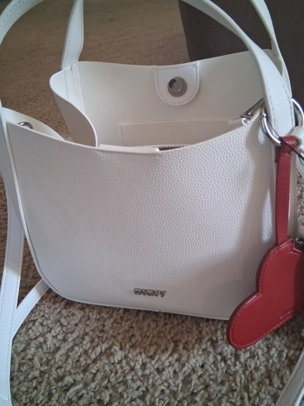 DKNY White Leather Shoulder Bag with Red Heart Charm